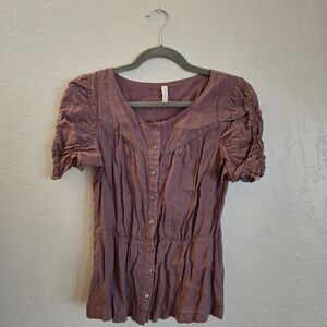 Meadow Rue Purple Linen Button Front Ruched Short Sleeve Blouse S